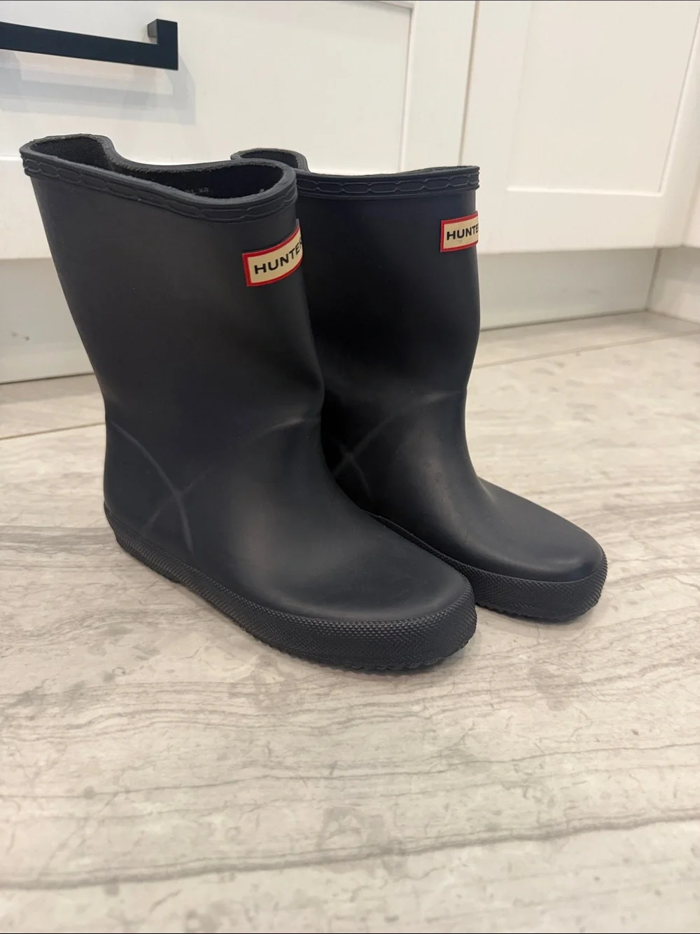 Hunter Black Rubber Mid-Calf Rain Boots with Red Logo Trim